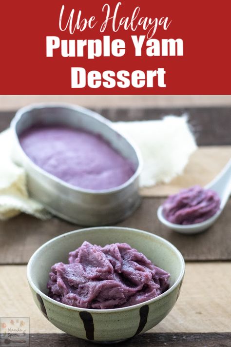 This Filipino purple yam dessert (ube halaya or ube jam) is not only eye-catching, it's totally delicious!! Mashed purple yam is cooked slowly with butter, evaporated milk and condensed milk which give this colorful dessert such a luscious buttery, creamy and sweet flavor. Great on its own or as topping for halo-halo or as jam for bread or filling for pastries. Ube Halaya Recipe Panlasang Pinoy, Yam Dessert, Ube Halaya Recipe, Ube Jam, Ube Halaya, Ube Recipes, Purple Yam, Superfood Recipes, Halo Halo