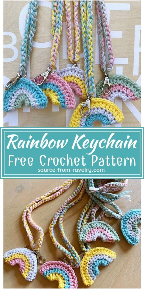 Free Crochet Rainbow Keychain Pattern #freecrochetpattern #crochetrainbow #freecrochetrainbow #freecrochetrainbowpattern Crochet Keychain Lanyard Free Pattern, Crochet Key Lanyard Pattern Free, Easy Crochet Keychain Ideas, Crochet Rainbow Keychain Pattern Free, Crochet Gifts For Teachers Free Pattern, Quick Crochet Keychain, Easy Crochet Keychain Free Pattern, Easy Crochet Accessories, Crochet Keychain Pattern Free Easy