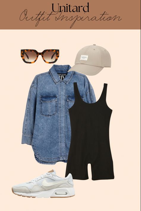 Styling A Unitard, How To Style A Unitard, Denim Cap Outfit, Cute Baseball Cap Outfits, Styling Baseball Caps, Unitard Outfit Fashion, Style A Baseball Cap, Denim Shacket Outfit, Unitard Outfit