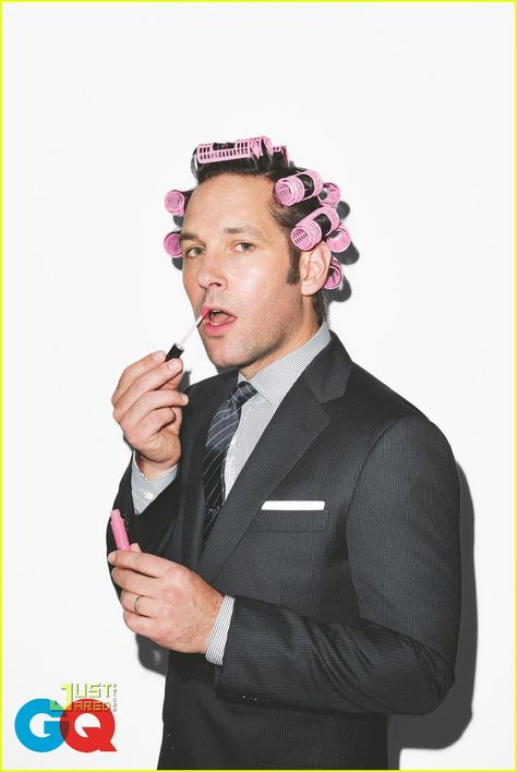 Paul Rudd...GQ man in curlers and lip gloss, gotta love people that can laugh at themselves! A Man In A Suit, Man In A Suit, Paul Rudd, Hair Rollers, A Man, Hair, Pink