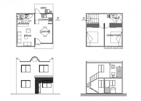 Plan Elevation Section Of House, Plan Section Elevation Drawings, Small Eco House, Arch Plan, Autocad Floor Plan, Plan Apartment, Plan Elevation, Tiny Room, Elevation Plan