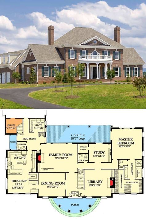 A look at this large and luxurious Georgian estate's red brick exterior, driveway and lovely garden area. The 2 story traditional luxury Georgian house plan has 4 bedrooms, 4.5+ bathrooms, and is under 6000 sq ft. View the rustic, southern living, colonial, and french country interior design, full floor plan, and blueprint layout at  https://www.architecturaldesigns.com/house-plans/luxury-with-a-touch-of-convenience-32526wp?cjevent=94338f9d8baa11ea83dc007f0a18050e #blueprint #floorplan #2story Georgian House Layout, Georgian House Plans Layout, Colonial Mansion Floor Plans, Georgian Mansion Floor Plans, Georgian Floor Plans, Georgian House Floor Plan, Colonial House Layout, 6000 Sq Ft House Plans, French Colonial House