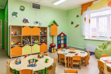 Kindergarten, game room. by Dreamer63 on @creativemarket Daycare Interior Design, Day Care Room Ideas, Kids Ministry Rooms, Daycare Room Ideas, Kindergarten Game, Kids Church Rooms, Home Daycare Ideas, Daycare Rooms, Classroom Interior