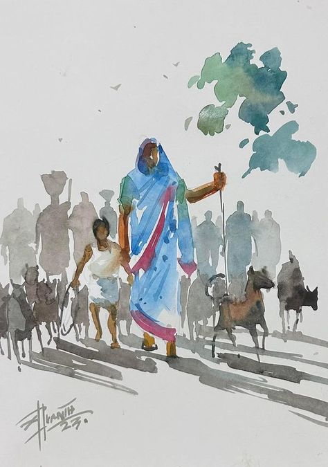 Guin Srikanta Human Figures Composition, Human Figure Watercolor, Watercolor Human Figures, Human Watercolor, Rapid Sketching, Class Illustration, Memory Drawing, Bull Painting, Watercolor Art Face