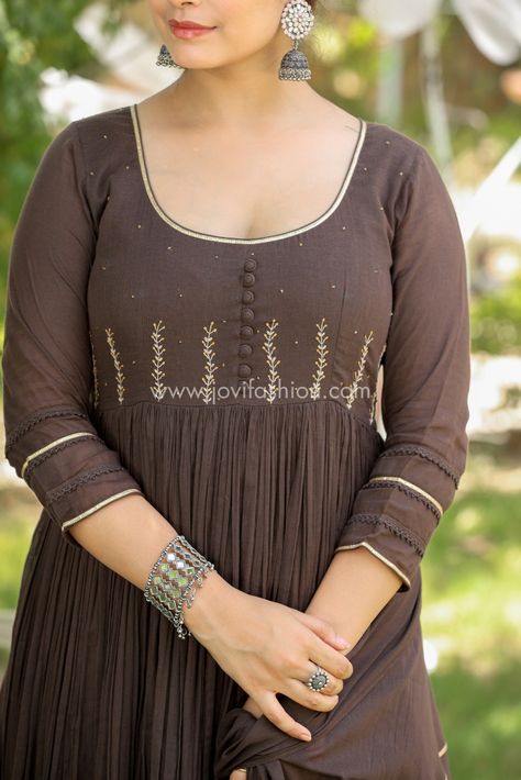 Round neck embroidered anarkali suit set Deep Round Neck Kurti, Round Neck Kurti, Gathered Anarkali, Kurti Embroidery, Embroidered Anarkali, Embroidery On Kurtis, Kurti Embroidery Design, Love Hand, Suit Design