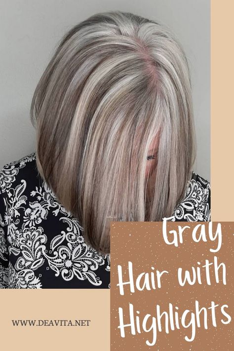 Dark and blonde highlights bring beautiful contrasts to every hairstyle and are not as noticeable as complete coloring. Gray hair has become a synonym for women discovering the power of their natural beauty. Does that sound interesting? Read on to find out everything you need to know about gray hair and highlights, and how to get the look yourself. #grayhair #hairhighlights #grayhairlook Adding White Highlights To Grey Hair, White Hair Blonde Highlights, Gray With Blonde Highlights Grey Hair, Natural Silver Hair With Lowlights, Lowlites On Grey Hair, Grey Hair To Blonde Shades, Color To Mix With Grey Hair, Low Lights On Gray Hair Over 50, Blonde Highlights With Gray Hair