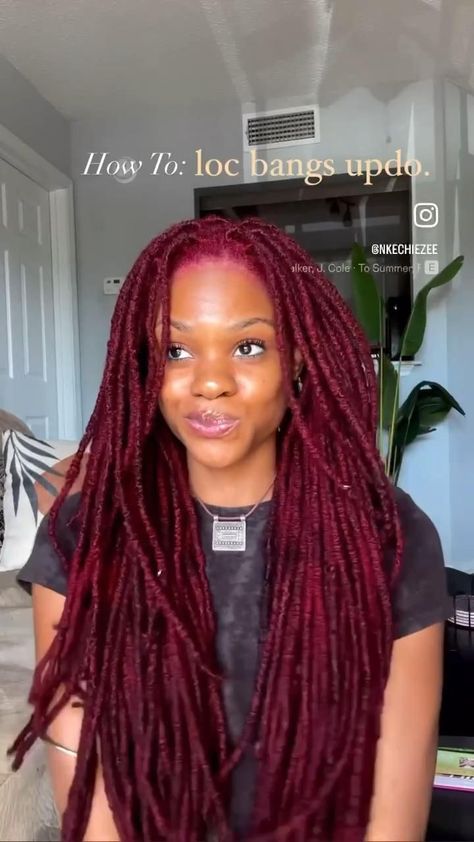 Bang Updo, Burgundy Locs, Dreadlocks Hair Care, Braids Locs, Updo Tutorial, Beautiful Dreadlocks, Beautiful Black Hair, Short Locs Hairstyles, Faux Locs Hairstyles