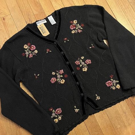 Vintage floral embroidered cardigan Black knitted... - Depop Flower Sweater, Black Knit Cardigan, Embroidered Cardigan, Floral Cardigan, Cardigan Black, Knitted Cardigan, Black Knit, Black Cardigan, Floral Embroidery