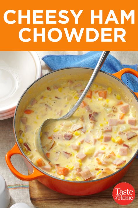 Cheesy Ham And Corn Chowder, Cheesy Ham And Potato Chowder, Ham And Cheese Chowder, Cheesy Ham Soup, Ham Chowder Soup, Soup Recipes Dutch Oven, Soup Recipes With Ham, Potato Ham Chowder, Cheesy Ham Chowder