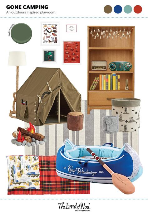 Camping Inspired Bedroom, Campfire Bedroom Ideas, National Parks Playroom, Camp Themed Playroom, Kids Camping Bedroom, Camping Nursery Theme Gender Neutral, Park Ranger Nursery, Outdoorsy Boys Room, Camping Kids Room