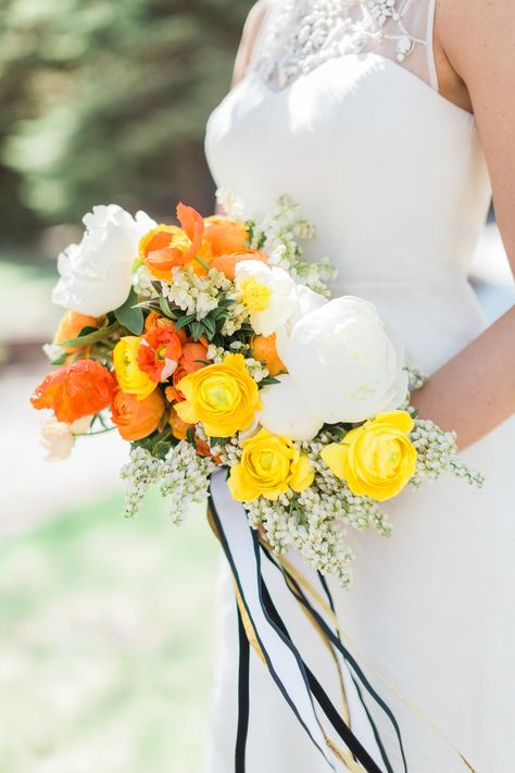 Vibrant Yellow, Orange and White Bridal Bouquet Yellow Orange Wedding Bouquet, Orange And White Bridal Bouquet, Orange Bridal Flowers, Yellow Wedding Bouquets, Yellow Weddings, Yellow Wedding Bouquet, Orange Bouquets, Table Flower Arrangements, Yellow Wedding Flowers