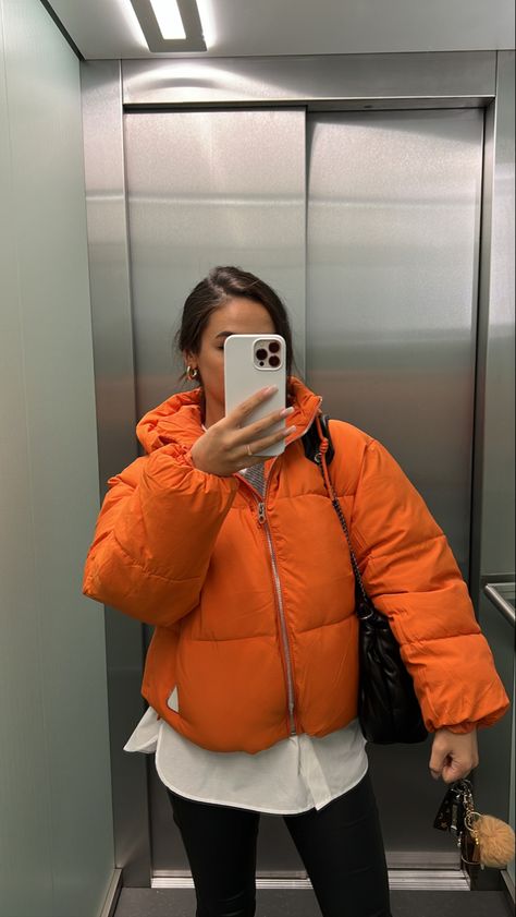 #winter #orange #winterjacket Orange Jacket Outfit Winter, Orange Puffer Jacket Outfit, Puffer Jacket Outfits, Orange Puffer Jacket, Winter Orange, Winter Jacket Outfits, Puffer Jacket Outfit, Winter Outfits For School, Orange Jacket