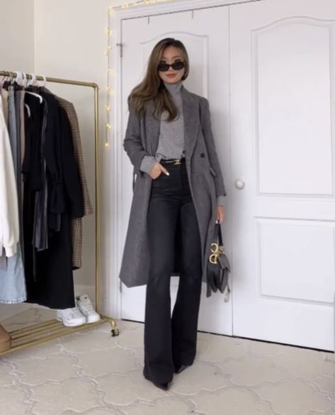 fave neutral cold weather looks - Kerina Wang Kerina Wang Outfits, Kerina Wang, Scoop Neck Crop Top, Long Black Coat, Fleece Tights, Grey Sweater Dress, Fitted Turtleneck, Thick Rope, Cold Weather Fashion