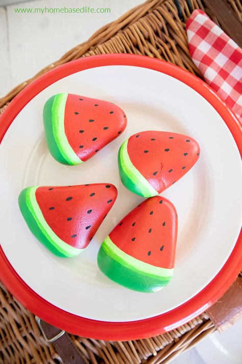 Watermelon Painted Rocks For Kids To Make | Painted Rocks For Kids, Fun Summer Diy, Rocks For Kids, How To Paint Rocks, Watermelon Painting, Fun Summer Crafts, Garden Rock Art, Paint Rocks, Summer Fun For Kids