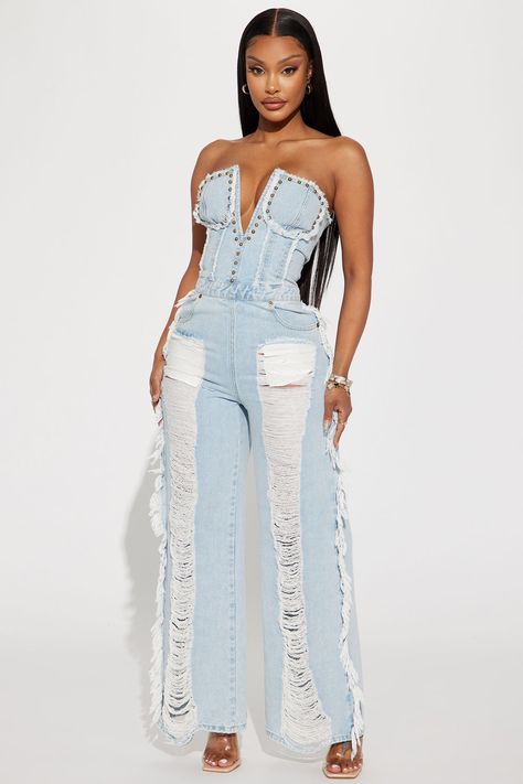 Demi Distressed Jumpsuit - Denim | Fashion Nova, Jumpsuits | Fashion Nova White And Denim Party Outfit, Denim And White Outfits Party, Denim And White Outfits Black Women, Diamonds And Denim Party Outfits, Denim Jumpsuit Outfit Black Women, Denim And Diamonds Outfit, Denim Outfit Black Women, Denim And Diamonds Party Outfit, Denim Party Outfit