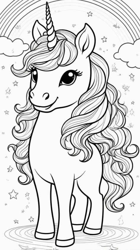 This delightful unicorn coloring page is perfect for kids! A simple black-and-white outline of a cute unicorn standing under a rainbow. Ideal for hours of coloring fun. 🦄 Kids Coloring Pages Free Download, Make your world more colorful with printable coloring pages. Our free coloring pages for adults and kids, range from Star Wars to Mickey Mouse. Unicorn Coloring Book, Drawing For Colouring Kids, Coloring Pages Cute Animals, Rainbow Colouring Pages, Disney Coloring Pages Printables Free, Simple Unicorn Drawing, Cute Colouring In Pages, Unicorn Drawing For Kids, Unicorn Black And White