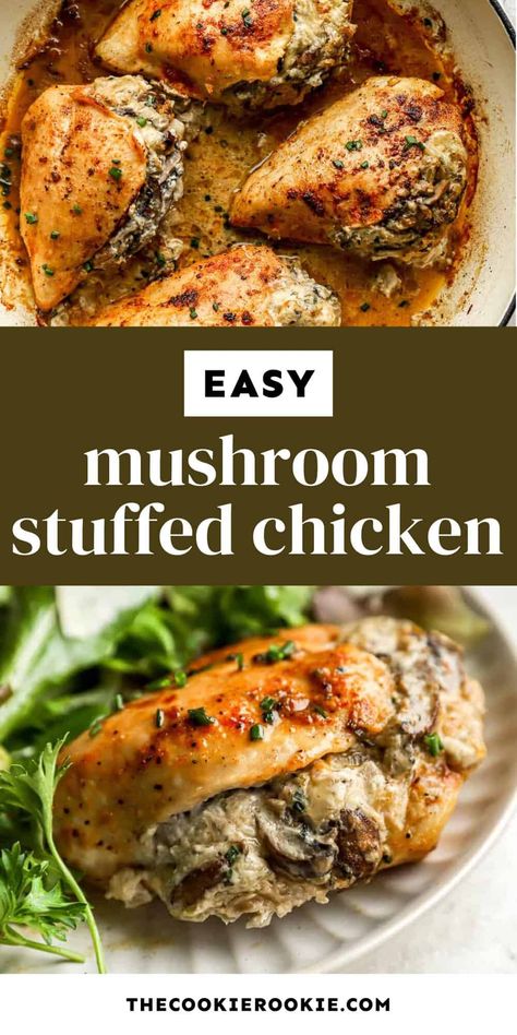 This mushroom stuffed chicken breast is the ultimate umami bomb dinner. Tender, juicy chicken breasts with a rich sautéed mushroom filling. Chicken Stuffed With Mushrooms, Ricotta Stuffed Chicken Breast, Easy Stuffed Chicken Breast, Stuffed Chicken Breast Recipes, Mushroom Stuffed Chicken Breast, Chicken Receipe, Mushroom Stuffed Chicken, Chicken Breast With Bacon, Mushroom Filling