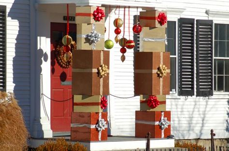 These outdoor Christmas decoration ideas are equal-opportunity offenders. Whether you like your decor showy or tasteful, you'll hate (or love) them.: Porch Columns Decorated With Christmas Gift Boxes Column Decoration, Outdoor Columns, Christmas Displays, Porch Columns, Trees Christmas, Lawn Ornaments, Christmas Decorations Diy Outdoor, Christmas Outdoor, Christmas Yard