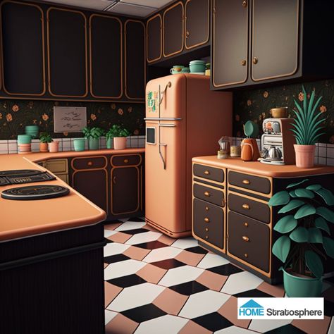 Odd Kitchen Layout, Home Stratosphere, In Touch With Nature, 1950s Kitchen, Tiled Floors, Diner Decor, Retro Fridge, Floor Ideas, Power Lines