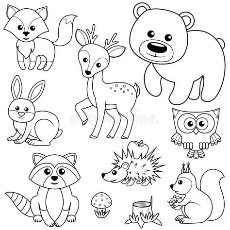 Forest animals. Fox, bear, raccon, hare, deer, owl, hedgehog, squirrel, agaric and tree stump. Black and white vector illustration royalty free illustration Forest Coloring Pages, Animals Coloring Pages, Animals Coloring, Animal Coloring Books, Animal Coloring, Animal Books, Cute Coloring Pages, Animal Clipart, Free Printable Coloring