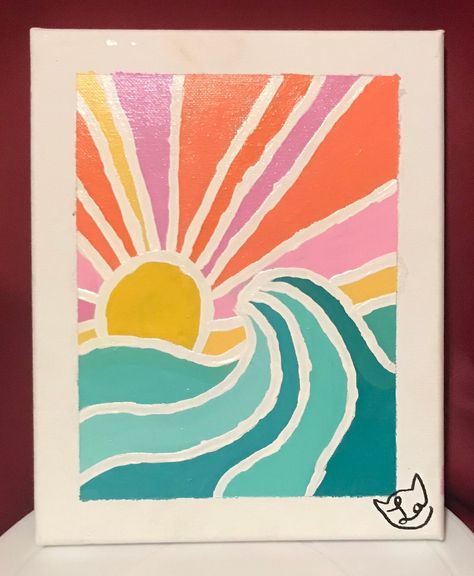 "This is a 8\" x 10\" Painting done with acrylic paint of a sunset over the ocean." Preppy Acrylic Painting Ideas, Stuff To Paint With Watercolor, Ocean Paintings Acrylic, Things To Draw And Paint On Canvas, Cute Ocean Painting, Things To Paint Beginners, Beach Theme Painting Ideas, Acrylic Painting Ideas Easy Simple, Diy Beach Painting