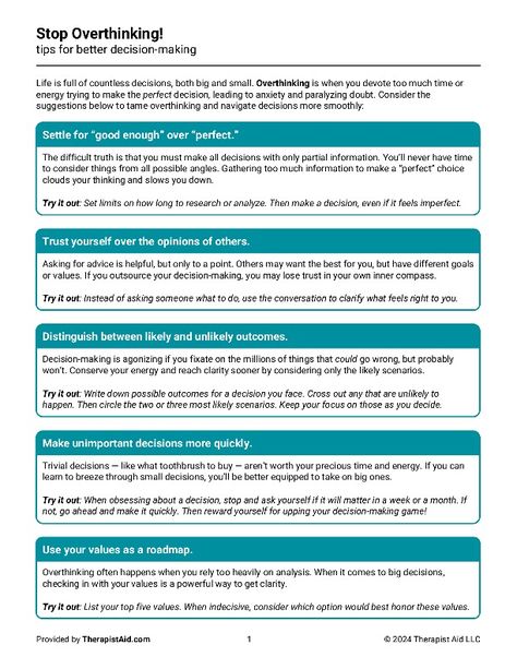 Stop Overthinking!: Tips for better decision-making | Worksheet | Therapist Aid Stop Overthinking Worksheet, Stop Overthinking Tips, Stop Overthinking, Therapy Worksheets, Positive Psychology, Pros And Cons, Decision Making, Self Esteem, Anger