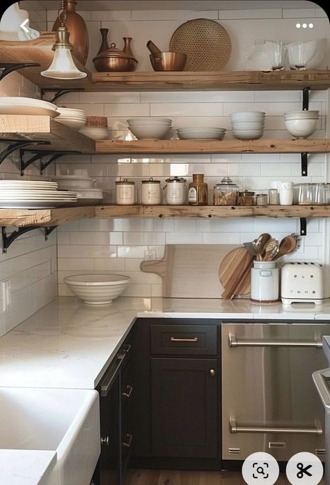 Farmhouse Shelving Ideas, Shelves For Upper Cabinets, Kitchen Ideas With Floating Shelves, Small Kitchen Floating Shelves, Shelves In Kitchen Instead Of Cabinets, Farmhouse Kitchen Floating Shelves, Cottage Kitchen Storage, Shelf Diy Ideas, Kitchen With Floating Shelves