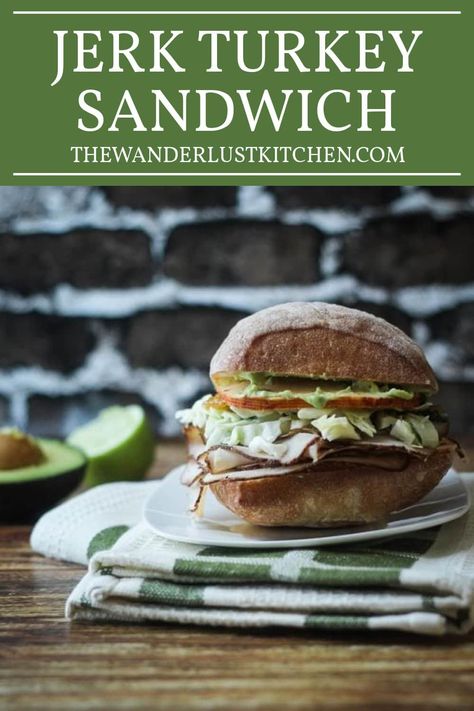 Escape to the tropics of Jamaica with every bite of our Jamaican Jerk Turkey Sandwich, layered with spicy Jerk Turkey, smoky Chipotle Gouda, sweet Mango Chutney, fresh slaw, and creamy Avocado Aioli. Sweet Mango Chutney, Jerk Turkey, Avocado Aioli, Turkey Sandwiches Recipes, Ciabatta Roll, Jar Salads, Turkey Sandwich, Mango Chutney, Jamaican Jerk