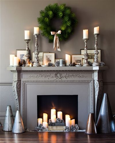 Luminara candles adding dimension to this elegant mantel Flameless Candles In Fireplace, Fake Candles In Fireplace, Flameless Candles Decorating Ideas, Elegant Mantel, Fireplace Candle Holder, Luminara Candles, Fake Fireplace, Candles In Fireplace, Fireplace Mantel Decor