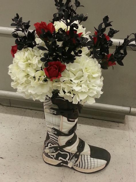 Racing boot centerpieces Dirtbike Wedding Ideas, Dirt Bike Wedding Photos, Dirt Bike Wedding Ideas, Motocross Wedding, Motocross Decor, Dirt Bike Wedding, Boot Centerpiece, Dirt Bike Party, Bike Wedding