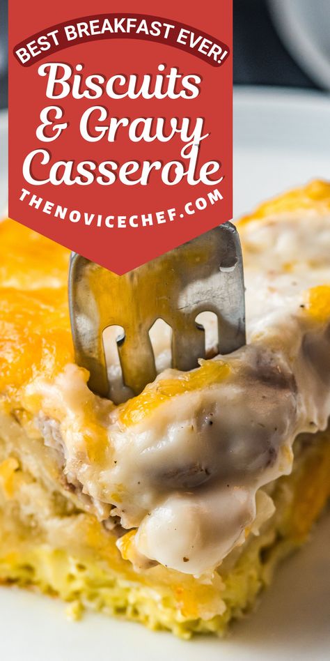 Biscuits and gravy casserole is made with tender biscuits, rich gravy, sausage, and melted cheddar! You'll love this quick breakfast casserole recipe! Biscuits & Gravy Breakfast Pizza, Sausage Gravy Casserole With Hashbrowns, Biscuits And Gravy Sides, Sausage Biscuit Gravy Egg Casserole, Buiscits And Gravy Sausage Recipe, Sausage Biscuits And Gravy Casserole, Breakfast Ideas With Biscuits, Quick Breakfast Casserole Recipes, Cracker Barrel Breakfast