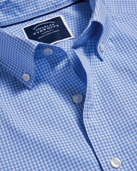 Button-Down Collar Non-Iron Stretch Poplin Mini Gingham Check Shirt - Ocean Blue | Charles Tyrwhitt Wardrobe Men, Working Outfit, Black Tie Tuxedo, Charles Tyrwhitt Shirt, Bar Shirt, Preppy Mens Fashion, Money Images, Business Casual Shirts, Charles Tyrwhitt