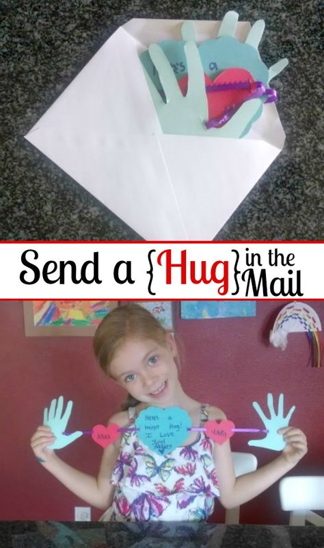 So cute! Send a Hug in the mail. This would be a perfect homemade Grandparent's Day, Get Well Soon or Valentine's Day card. | http://www.evolvingmotherhood.com Hug Craft, Mail Tutorial, Send A Hug, Grandparents Day Crafts, Grandparents Day Gifts, Mothers Day Crafts For Kids, Homemade Valentines, Sending Hugs, Get Well Gifts