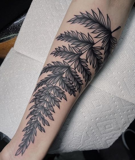 Wrap Around Arm Tattoo Nature, American Traditional Fern Tattoo, Traditional Fern Tattoo, Fern Forearm Tattoo, Fern Tattoo Sleeve, Fern Tattoo Arm, Foliage Tattoo, Ink Splotch, Therapy Tattoo