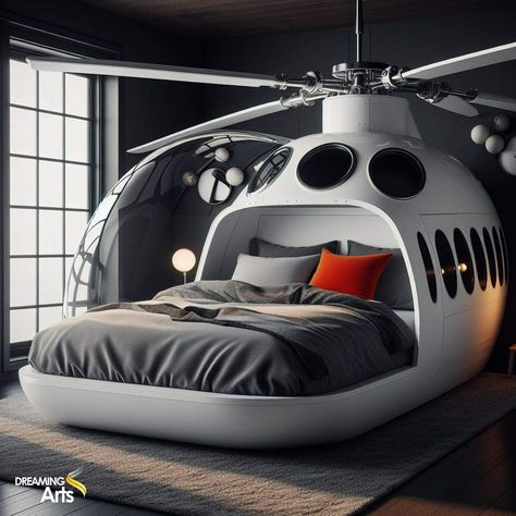 Helicopter Bed: A Unique Bed Inspired By A Helicopter Boy Bed Ideas, Weird Beds, Unusual Beds, Unique Bedroom Decor, Kids Bedroom Furniture Design, Bed Stands, Bed Inspired, Aviation Furniture, Creative Beds