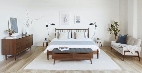 Modern, Mid Century & Scandinavian Furniture | Article Modern Dresser Decor, Mid Century Modern Bedroom Furniture, Mid Century Modern Home Office, Walnut Bench, Mid Century Modern Bed, Mid Century Bedroom, Black Sconces, Article Furniture, Spindle Bed