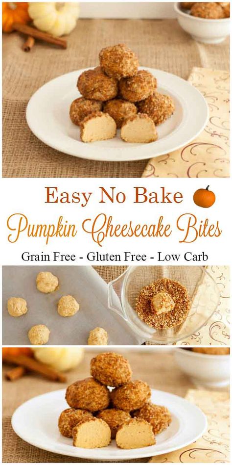 No Bake Pumpkin Cheesecake Bites- Grain free, low carb, gluten free and easy! Pumpkin Cheesecake Bites, No Bake Pumpkin, Bake Pumpkin, No Bake Pumpkin Cheesecake, Ketogenic Desserts, Fun Dessert, Desserts Keto, Bake Recipes, Recipes Chocolate