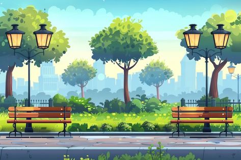 Park Bench Illustration, City Background Illustration, City Street Background, Cartoon Park, Peaceful Meadow, Street Cartoon, Street Background, Background Anime, Park Benches