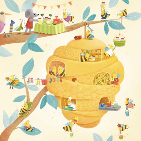 June | ILLUSTRATIONS Bee Illustration Cute, Bee Hive Illustration, Hive Illustration, June Illustration, Beehive Illustration, Picture Book Illustration, Good Illustration, Illustration For Children, Life Illustration