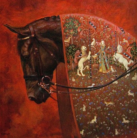 Medieval Unicorn, Unicorn Tapestry, Red Tapestry, Persian Calligraphy Art, Horse Oil Painting, Persian Art Painting, Iranian Art, Equine Art, Caravaggio