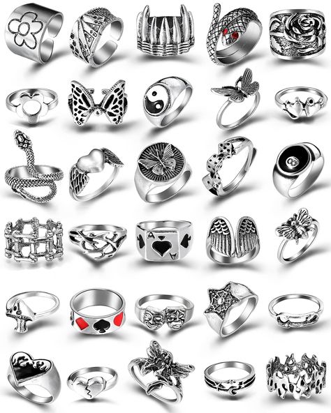 Silver Goth Punk Rings Set for Men Girls Women, 31PCS Cool Gothic Ring Pack, Vintage Stackable Rings Bulk, Boho Chunky Knuckl Emo Rings, Grunge Ring, Emo Jewelry, Punk Fashion Diy, Punk Rings, Goth Ring, Y2k Rings, Full Finger Rings, Gothic Ring