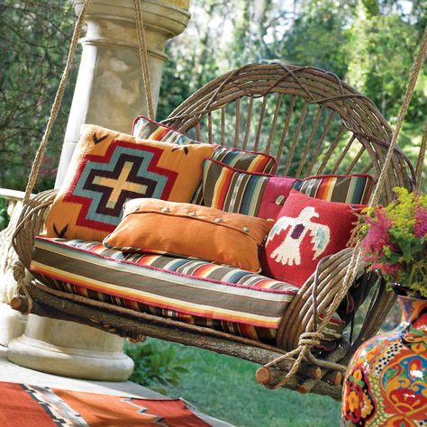 Outdoor Swing Porch Swing Ideas, Southwestern Chairs, Arizona Decor, Ideas For Backyard, Adobe Home, Log Home Interiors, Orange Palette, Porch Chairs, Cowboy Stuff