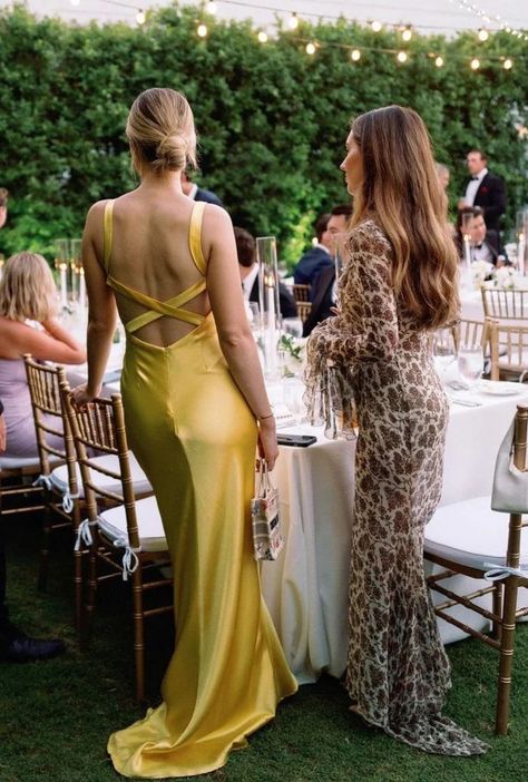 Two women in a wedding standing next to the table in long dresses Yellow Wedding Guest Dresses, References Photos, Silk Yellow Dress, Wedding Guest Gowns, Wedding Guest Style, Insta Profile, Prom Dress Inspiration, Yellow Wedding, Grad Dresses