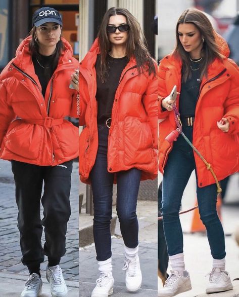 Orange Puffer Coat Outfit, Red Puffer Coat Outfit, Orange Puffer Jacket Outfit, Red Puffer Jacket Outfit, Emrata Outfits, Orange Puffer Jacket, Emrata Style, Puffer Coat Outfit, London Fall Fashion