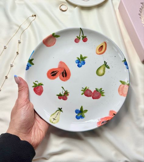 Pottery Inspo Bowls, Djerf Avenue Pattern, Cute Pottery Painting Ideas Fruit, Pottery Painting Inspo Fruit, Fruit Painted On Pottery, Fruit Ceramic Painting, Djerf Avenue Fruit Print, Fruit Glass Painting, Painted Plates Aesthetic