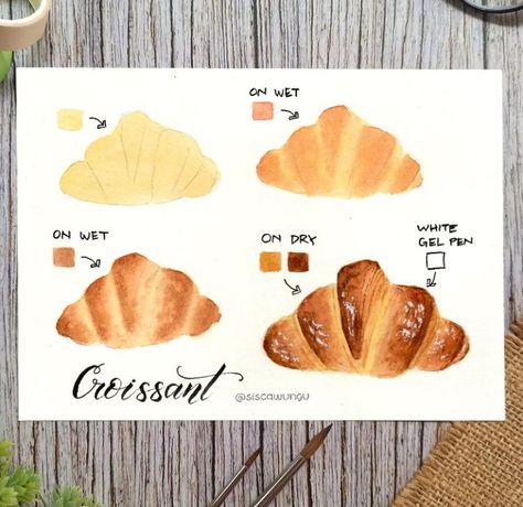 Mushroom Drawing Watercolor, Croissant Drawing Simple, Cottagecore Watercolor Painting, Simple Gouache Painting Ideas, Watercolor Art For Beginners Landscape, Cute Gouache Painting, Gouache Illustrations Simple, Simple Water Coloring Ideas, Gouache Mushroom