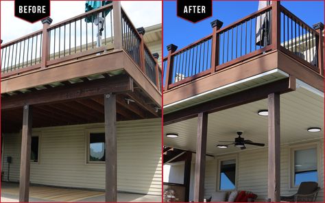 Spa Under Deck, Underdeck Patio Ideas Diy, Under Deck Bar Ideas, Deck With Patio Underneath, Under Deck Patio Ideas, Under Deck Landscaping, Deck Oasis, Deck Drainage System, Under Deck Drainage System