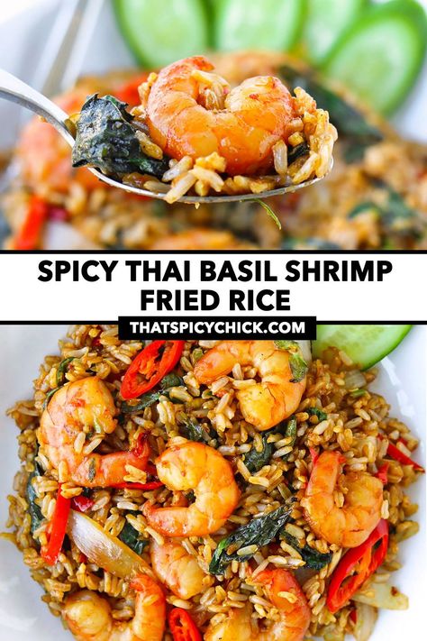 This Thai Basil Shrimp Fried Rice is quick and easy to stir-fry on any given weeknight, exploding with garlicky chili and peppery basil flavors, and full of juicy shrimp!! It’s ready to go in under 30 minutes and fiery, flavor-packed, and fabulous! It’s also vegetarian, vegan and gluten-free adaptable. #thaibasilfriedrice #thaishrimpfriedrice #thaifriedrice #thaifood #asianfood #friedrice #thaibasil #easyrecipes #dinner #spicy #spicybasil | That Spicy Chick Shrimp Stir Fry With Rice, Spicy Shrimp Fried Rice Recipe, Spicy Basil Fried Rice Thai, Thai Shrimp Fried Rice, Thai Basil Shrimp, Spicy Thai Shrimp, Thai Basil Fried Rice, Basil Rice, Basil Shrimp