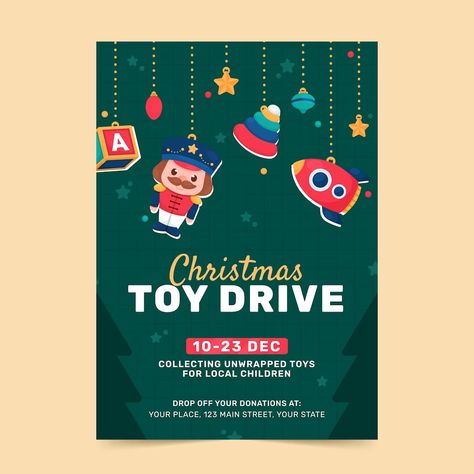 Free Vector | Flat christmas toy drive vertical poster template Toy Drive Flyer, Poster Natal, Christmas Toy Drive, Christmas Cafe, Xmas Poster, Drive Poster, Baby Ads, Toy Keys, Toy Drive