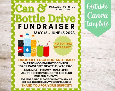 EDITABLE and Printable Can and Bottle Drive Fundraiser Flyer - Etsy Drive Poster, Canva Flyer, Fundraiser Flyer, Minecraft Coloring Pages, Colors Background, Invitation Flyer, Gift Tag Template, Fall Coloring Pages, Tag Template